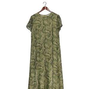 Tribeca Studio 100% Silk Damask Print Maxi Dress Short Sleeve Green Size 10